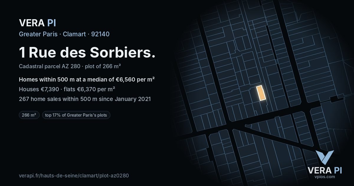 1 Rue des Sorbiers, Clamart at night – the plot lit, the parcels around coloured by the prices near them