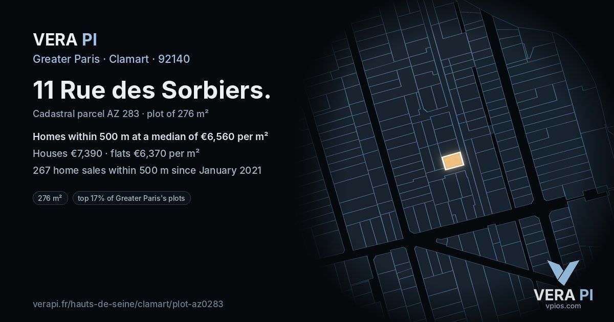 11 Rue des Sorbiers, Clamart at night – the plot lit, the parcels around coloured by the prices near them