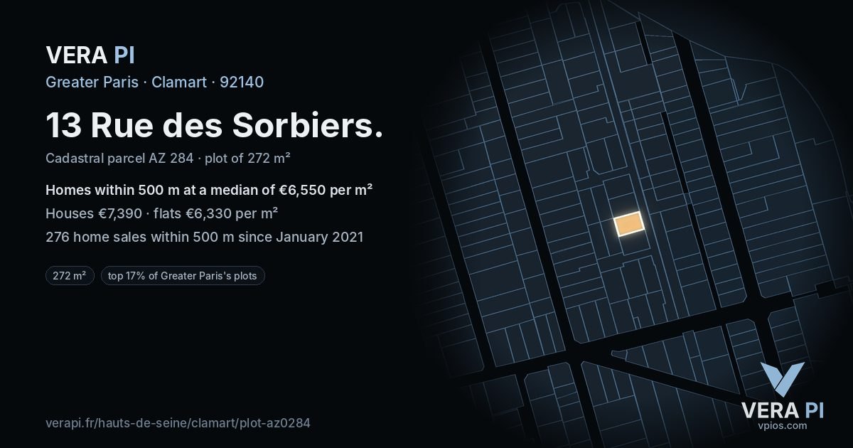13 Rue des Sorbiers, Clamart at night – the plot lit, the parcels around coloured by the prices near them