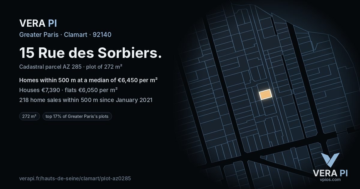 15 Rue des Sorbiers, Clamart at night – the plot lit, the parcels around coloured by the prices near them