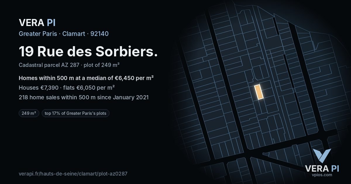 19 Rue des Sorbiers, Clamart at night – the plot lit, the parcels around coloured by the prices near them