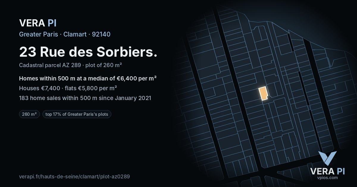 23 Rue des Sorbiers, Clamart at night – the plot lit, the parcels around coloured by the prices near them