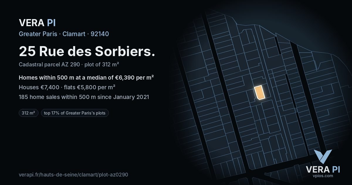25 Rue des Sorbiers, Clamart at night – the plot lit, the parcels around coloured by the prices near them