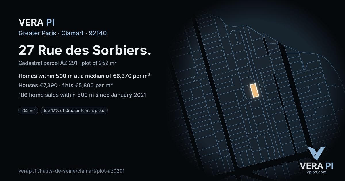 27 Rue des Sorbiers, Clamart at night – the plot lit, the parcels around coloured by the prices near them
