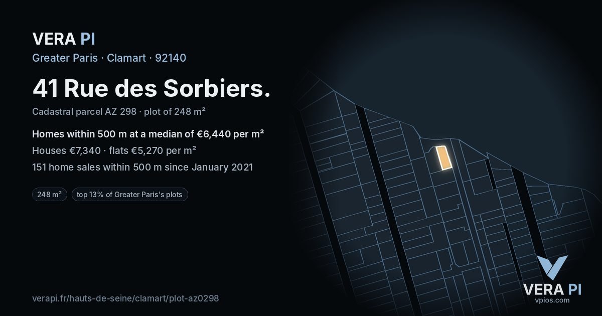 41 Rue des Sorbiers, Clamart at night – the plot lit, the parcels around coloured by the prices near them