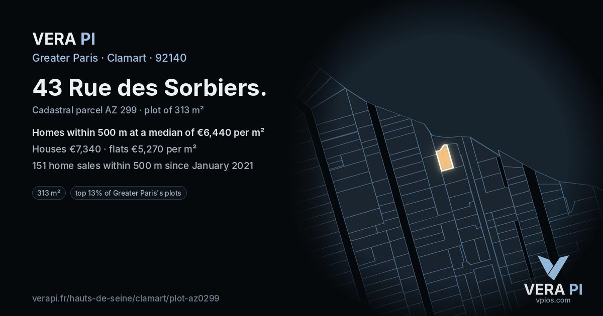43 Rue des Sorbiers, Clamart at night – the plot lit, the parcels around coloured by the prices near them