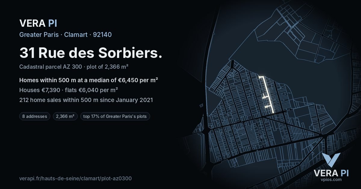 31 Rue des Sorbiers, Clamart at night – the plot lit, the parcels around coloured by the prices near them