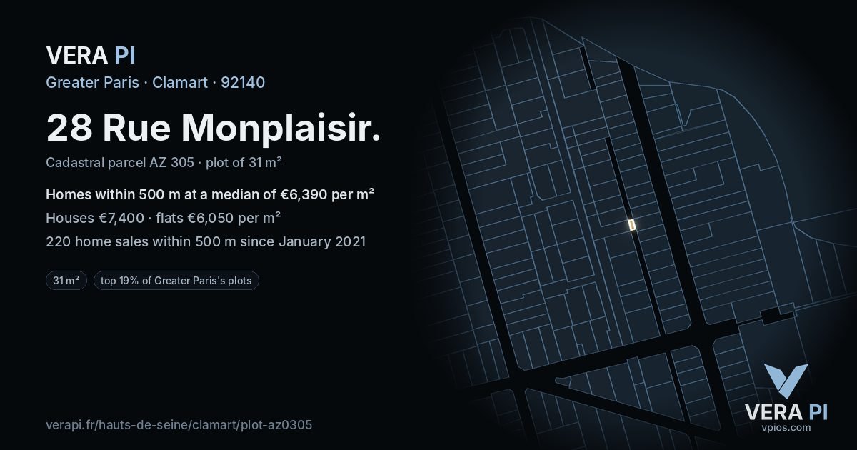 28 Rue Monplaisir, Clamart at night – the plot lit, the parcels around coloured by the prices near them
