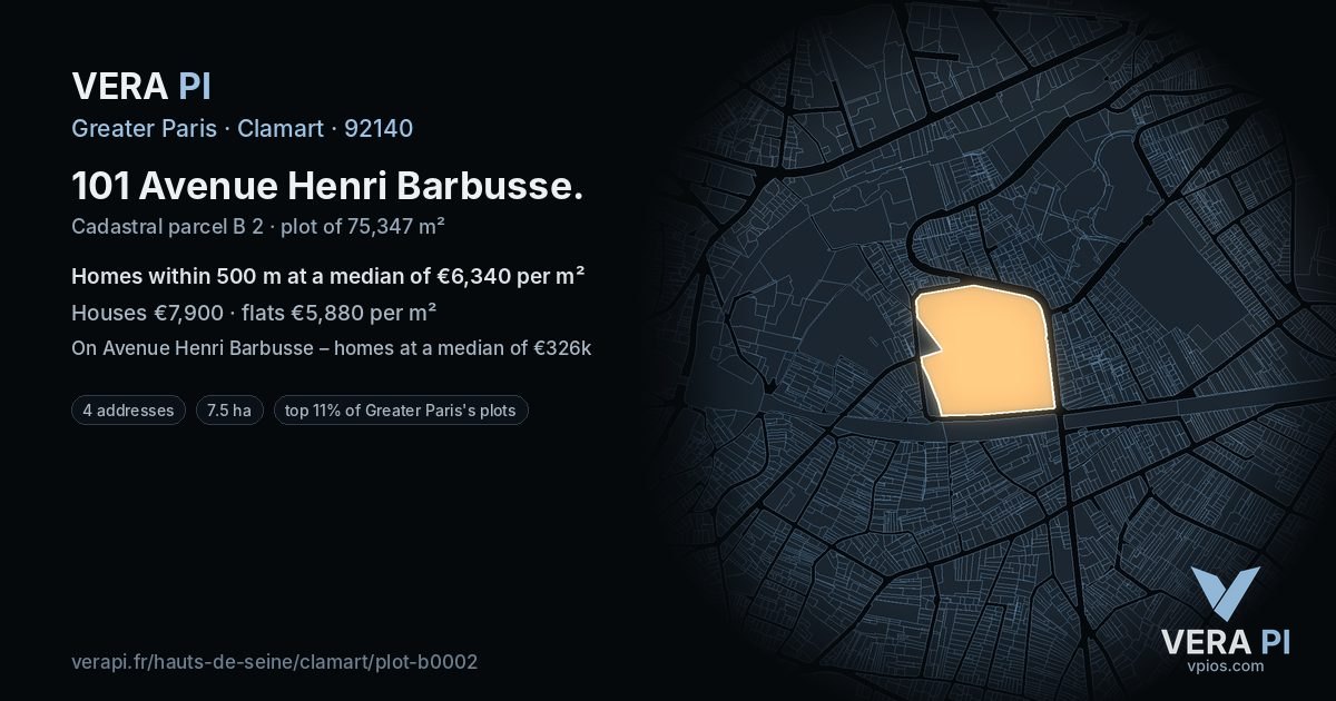 101 Avenue Henri Barbusse, Clamart at night – the plot lit, the parcels around coloured by the prices near them