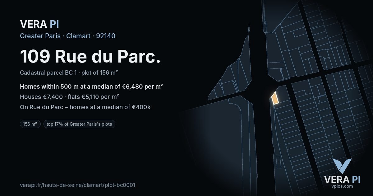109 Rue du Parc, Clamart at night – the plot lit, the parcels around coloured by the prices near them