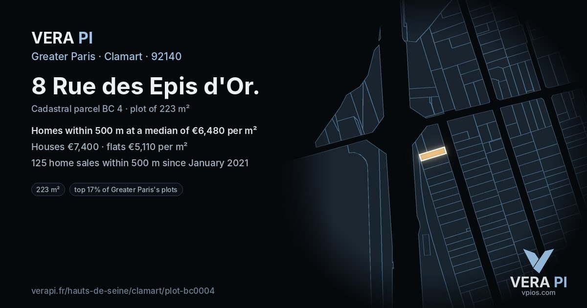 8 Rue des Epis d'Or, Clamart at night – the plot lit, the parcels around coloured by the prices near them