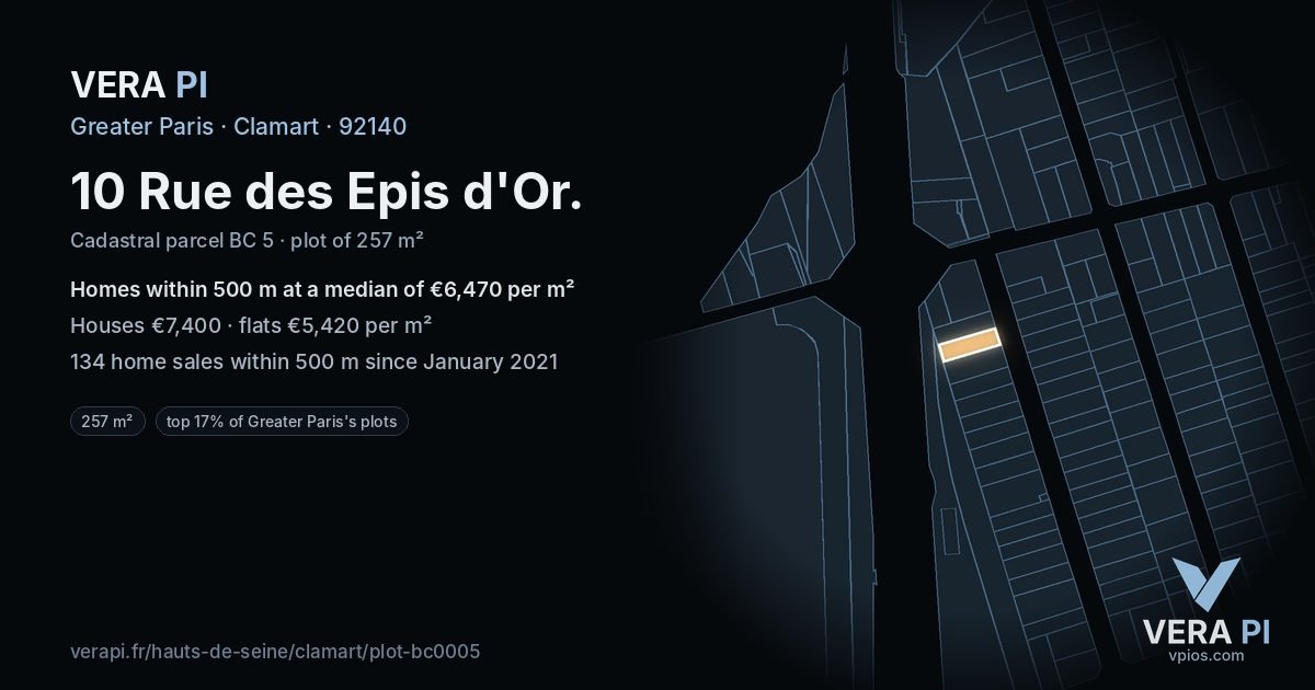 10 Rue des Epis d'Or, Clamart at night – the plot lit, the parcels around coloured by the prices near them