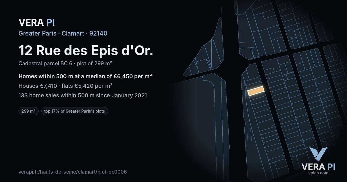 12 Rue des Epis d'Or, Clamart at night – the plot lit, the parcels around coloured by the prices near them