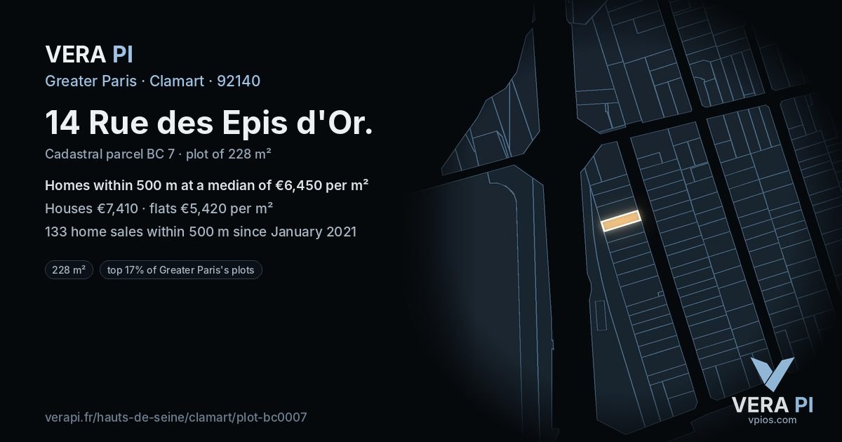14 Rue des Epis d'Or, Clamart at night – the plot lit, the parcels around coloured by the prices near them