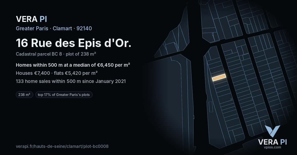 16 Rue des Epis d'Or, Clamart at night – the plot lit, the parcels around coloured by the prices near them