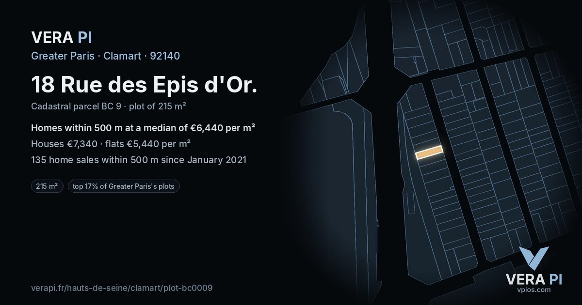 18 Rue des Epis d'Or, Clamart at night – the plot lit, the parcels around coloured by the prices near them
