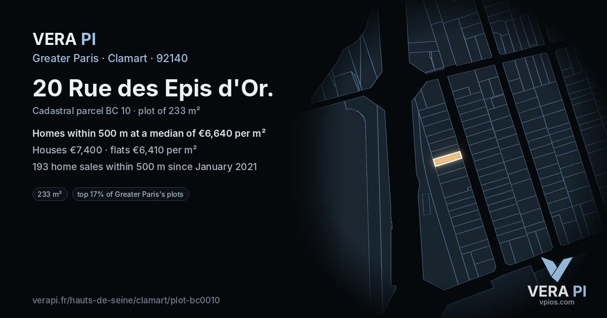 20 Rue des Epis d'Or, Clamart at night – the plot lit, the parcels around coloured by the prices near them