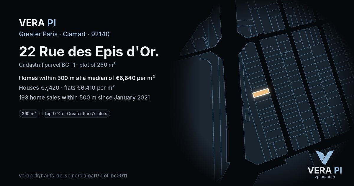 22 Rue des Epis d'Or, Clamart at night – the plot lit, the parcels around coloured by the prices near them