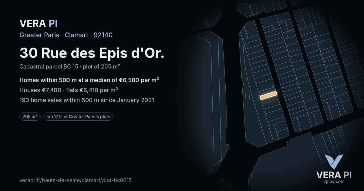 30 Rue des Epis d'Or, Clamart at night – the plot lit, the parcels around coloured by the prices near them