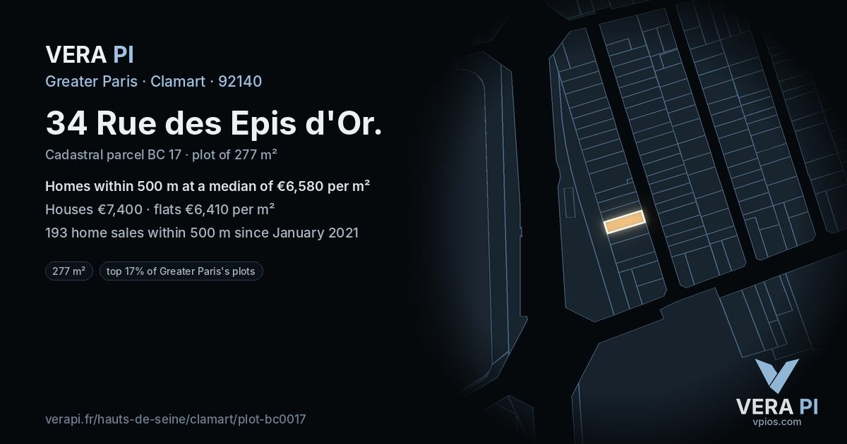 34 Rue des Epis d'Or, Clamart at night – the plot lit, the parcels around coloured by the prices near them