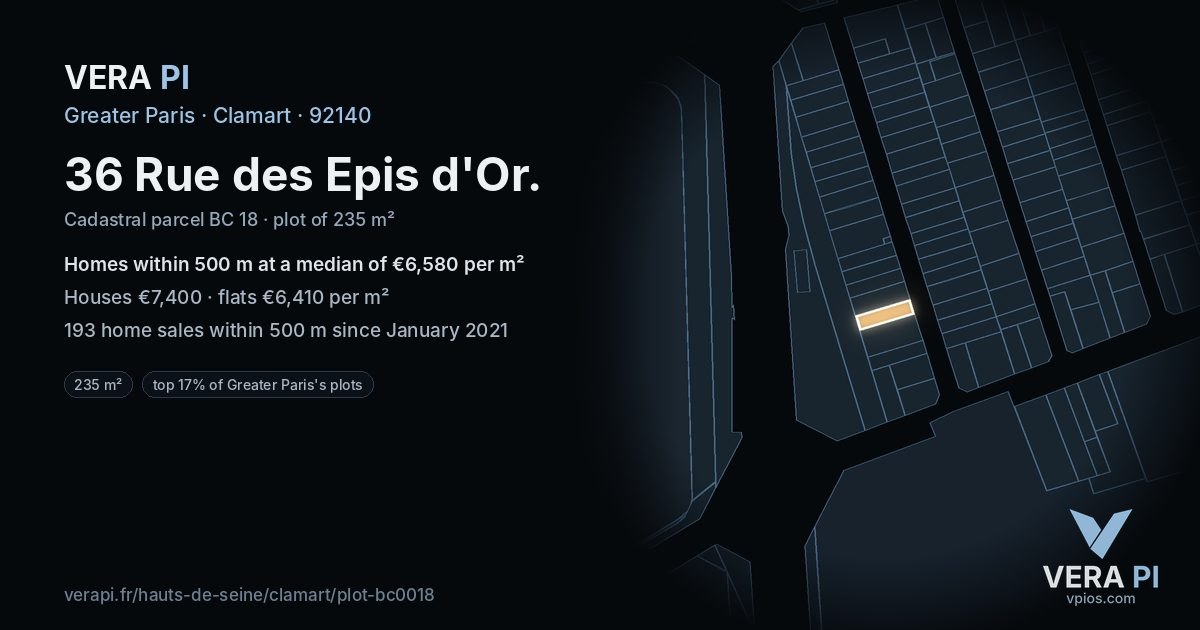 36 Rue des Epis d'Or, Clamart at night – the plot lit, the parcels around coloured by the prices near them