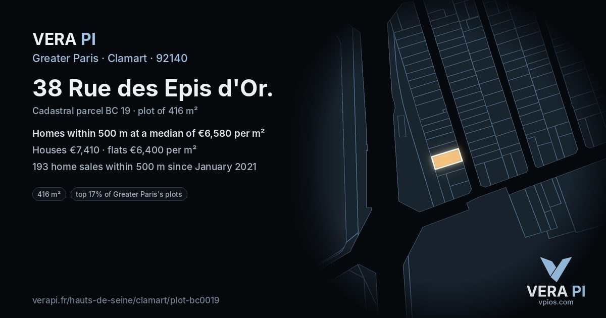 38 Rue des Epis d'Or, Clamart at night – the plot lit, the parcels around coloured by the prices near them