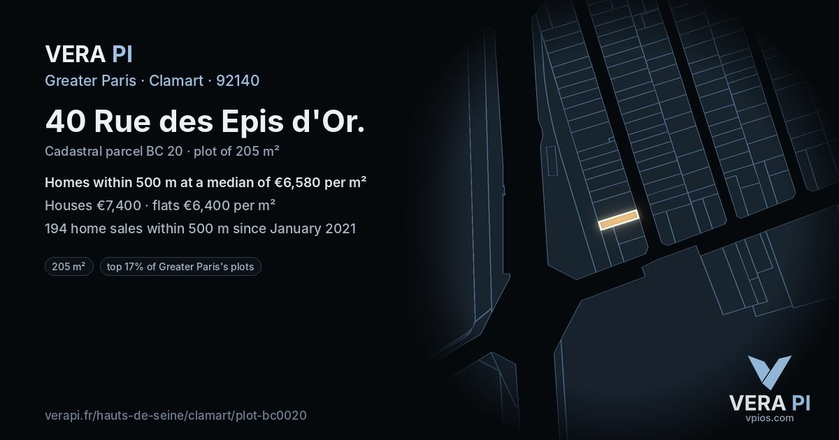 40 Rue des Epis d'Or, Clamart at night – the plot lit, the parcels around coloured by the prices near them