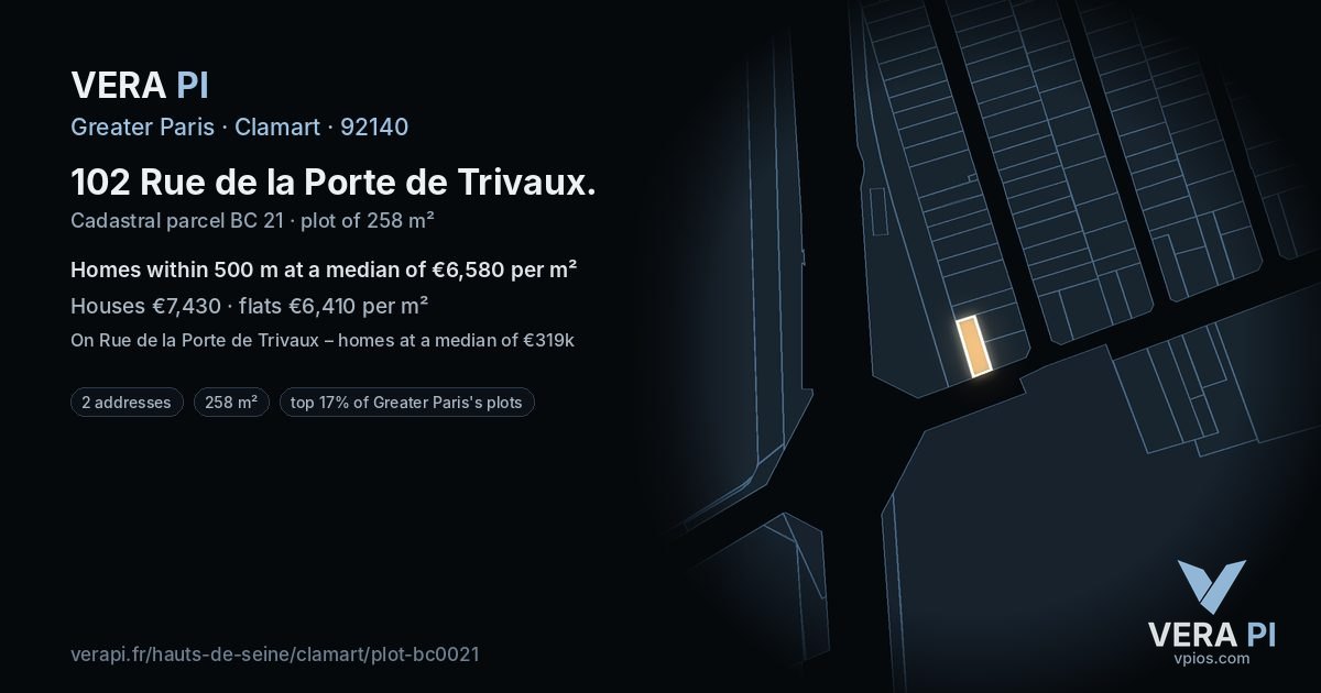 102 Rue de la Porte de Trivaux, Clamart at night – the plot lit, the parcels around coloured by the prices near them