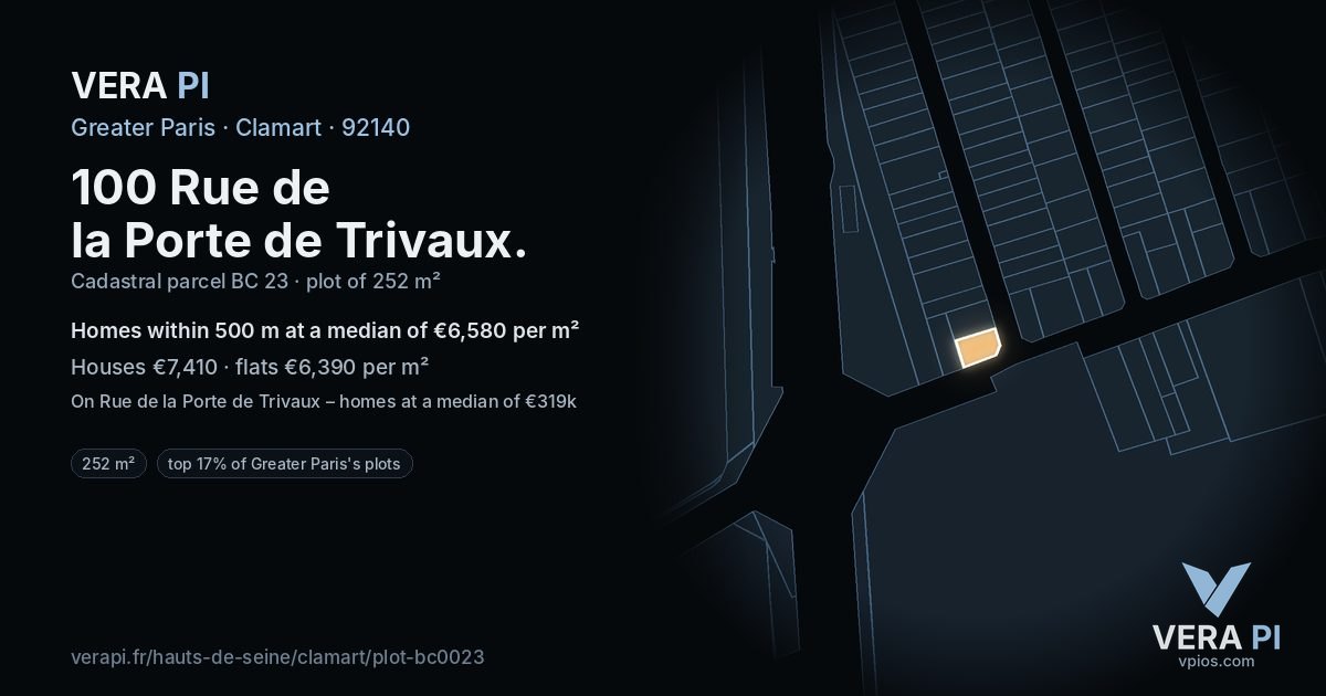 100 Rue de la Porte de Trivaux, Clamart at night – the plot lit, the parcels around coloured by the prices near them