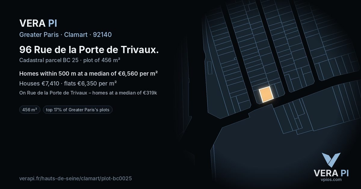 96 Rue de la Porte de Trivaux, Clamart at night – the plot lit, the parcels around coloured by the prices near them