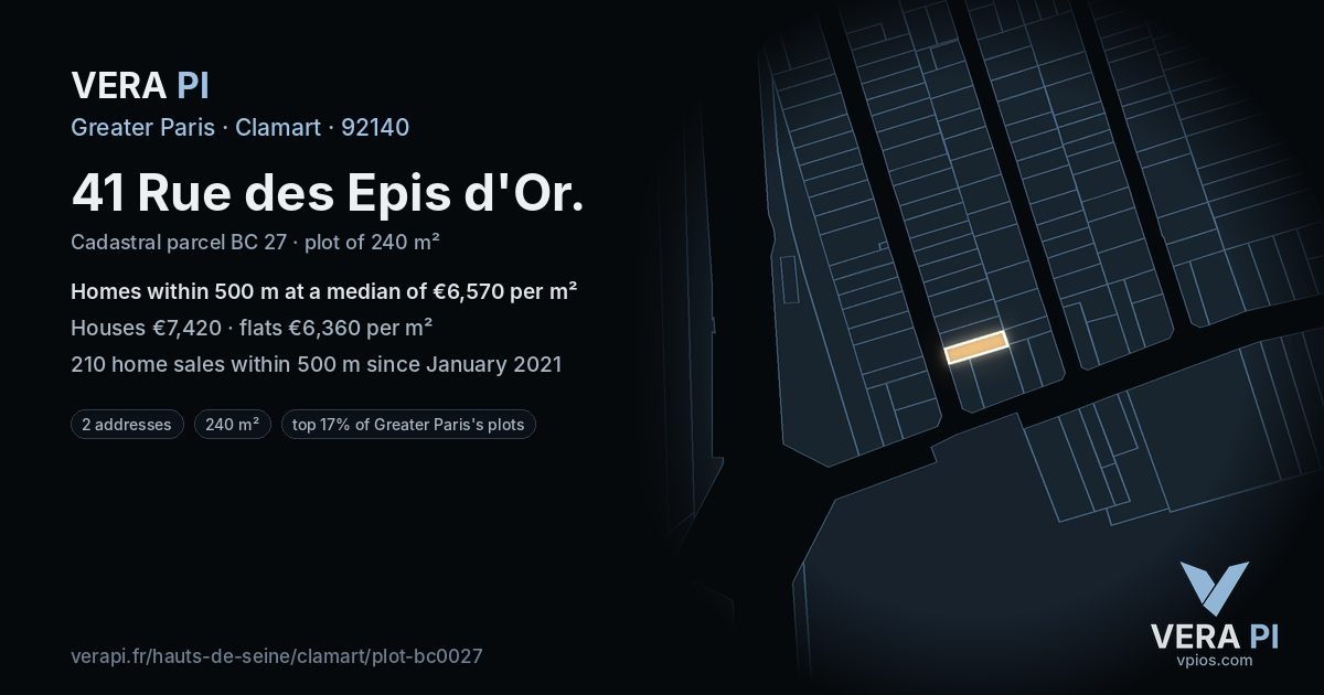 41 Rue des Epis d'Or, Clamart at night – the plot lit, the parcels around coloured by the prices near them