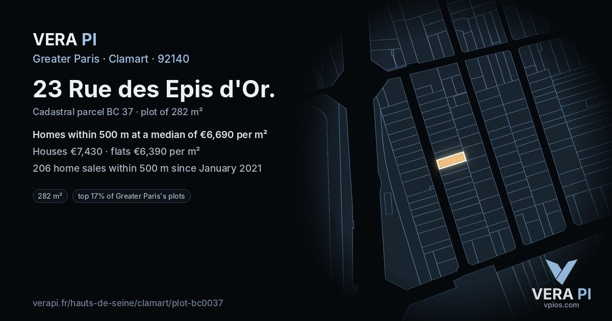 23 Rue des Epis d'Or, Clamart at night – the plot lit, the parcels around coloured by the prices near them