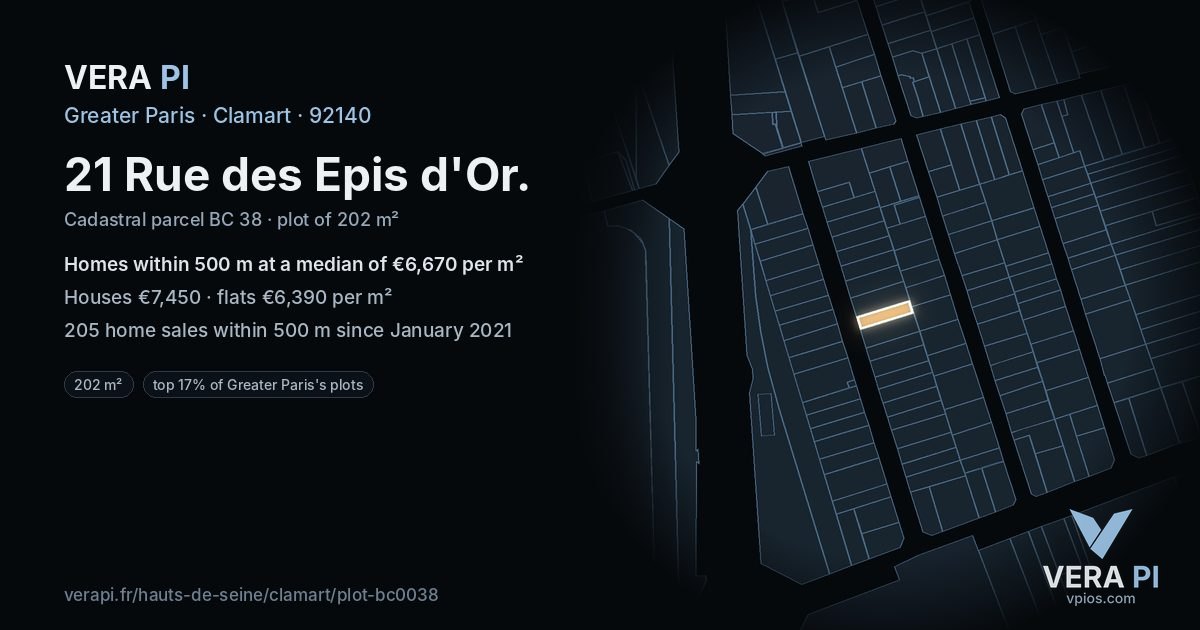 21 Rue des Epis d'Or, Clamart at night – the plot lit, the parcels around coloured by the prices near them