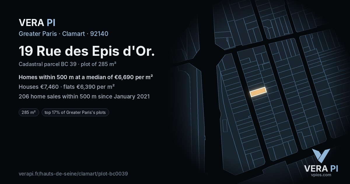 19 Rue des Epis d'Or, Clamart at night – the plot lit, the parcels around coloured by the prices near them