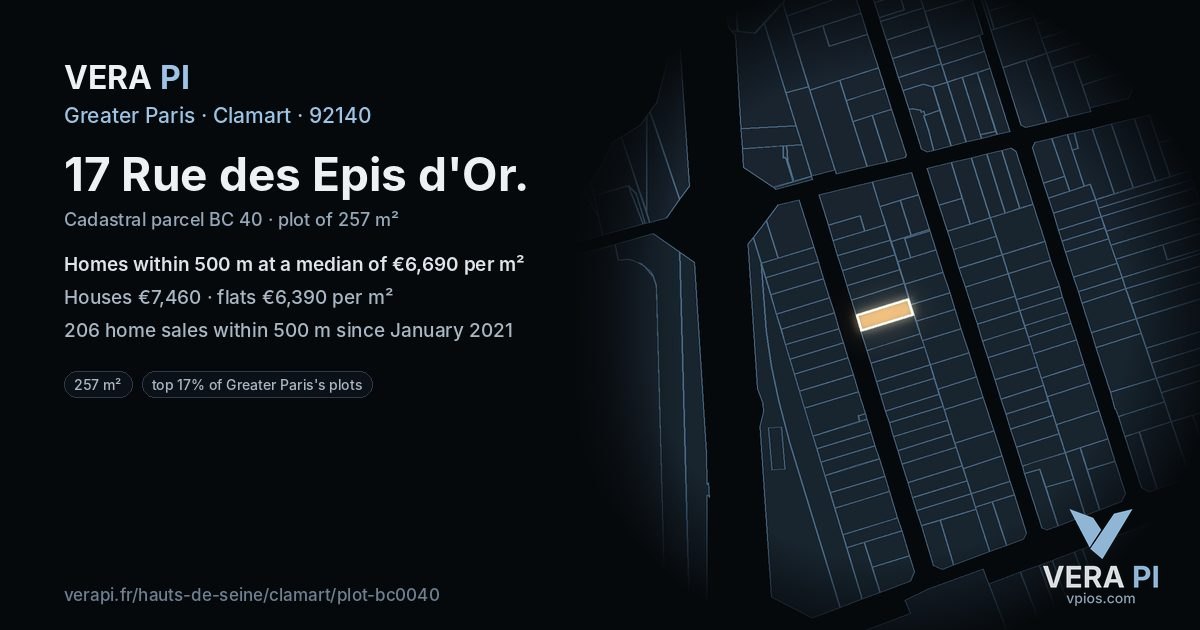 17 Rue des Epis d'Or, Clamart at night – the plot lit, the parcels around coloured by the prices near them