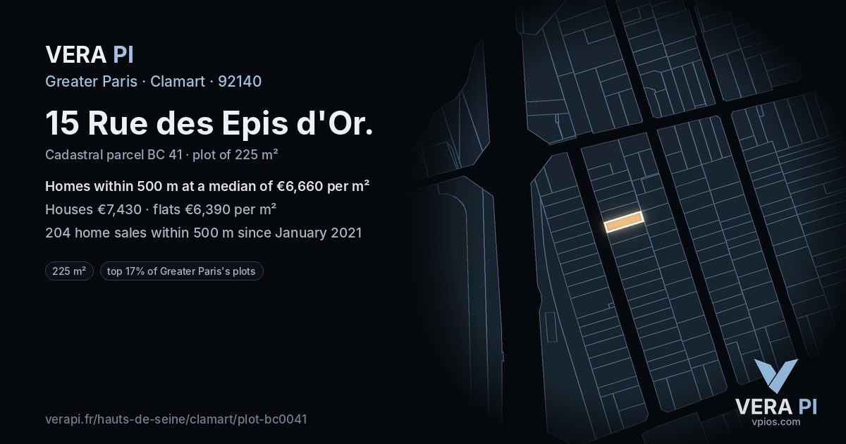 15 Rue des Epis d'Or, Clamart at night – the plot lit, the parcels around coloured by the prices near them