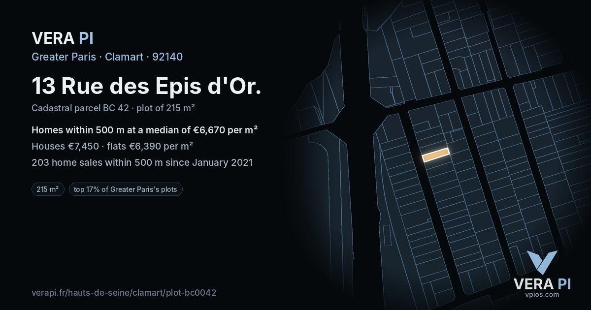 13 Rue des Epis d'Or, Clamart at night – the plot lit, the parcels around coloured by the prices near them