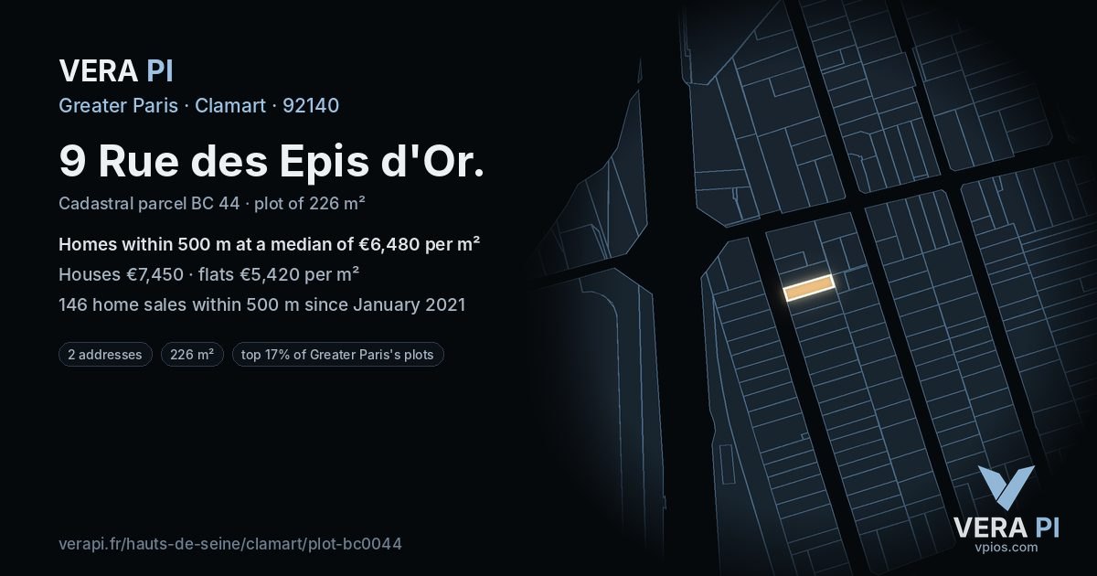 9 Rue des Epis d'Or, Clamart at night – the plot lit, the parcels around coloured by the prices near them