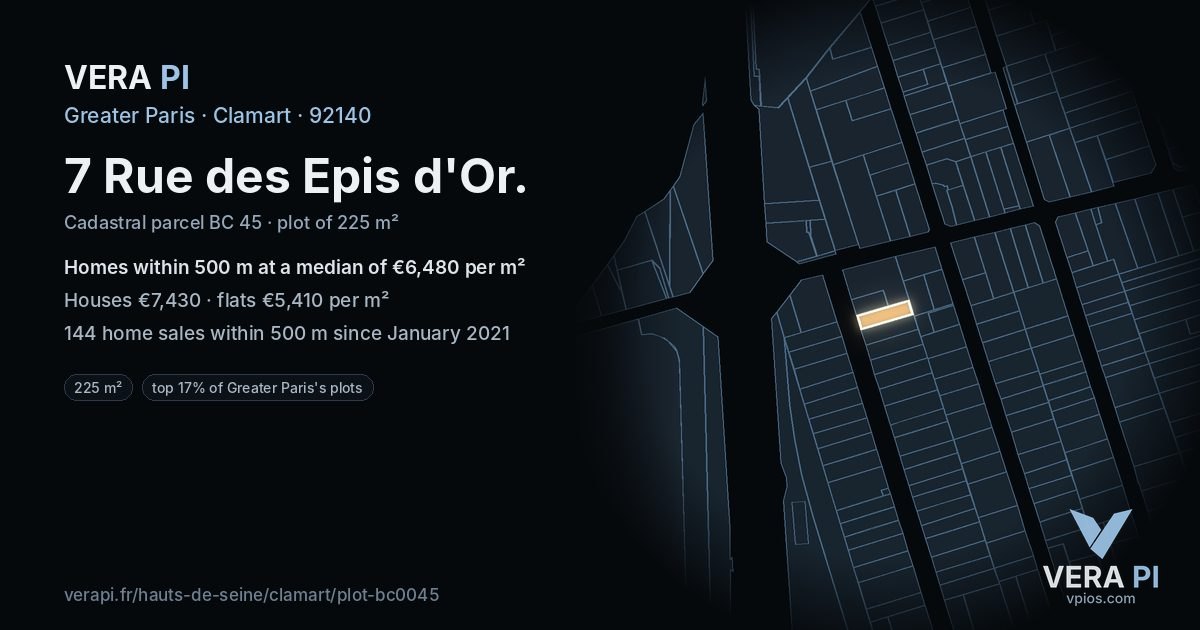 7 Rue des Epis d'Or, Clamart at night – the plot lit, the parcels around coloured by the prices near them