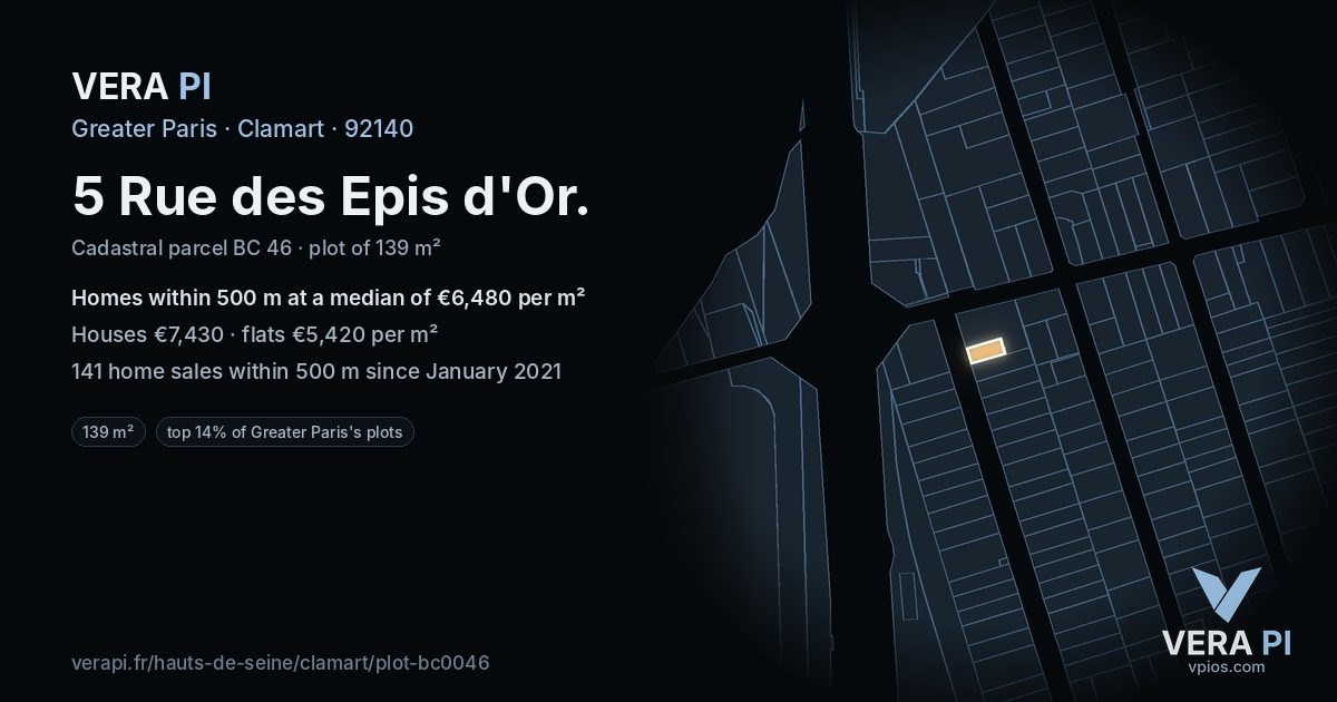 5 Rue des Epis d'Or, Clamart at night – the plot lit, the parcels around coloured by the prices near them