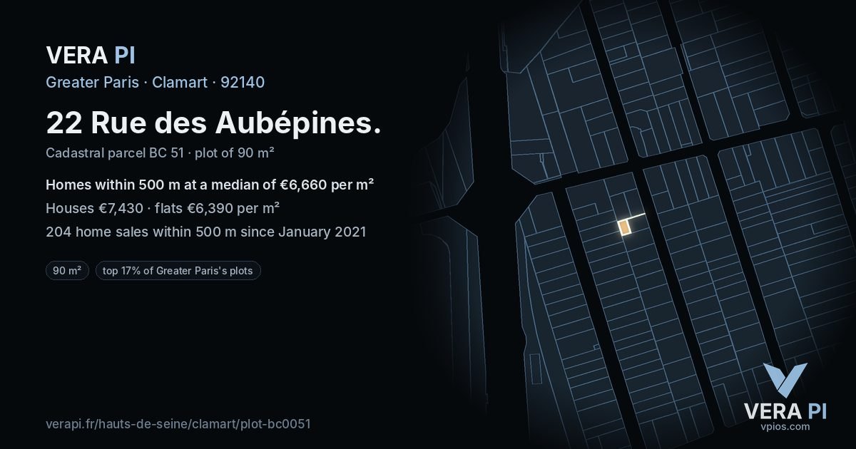 22 Rue des Aubépines, Clamart at night – the plot lit, the parcels around coloured by the prices near them