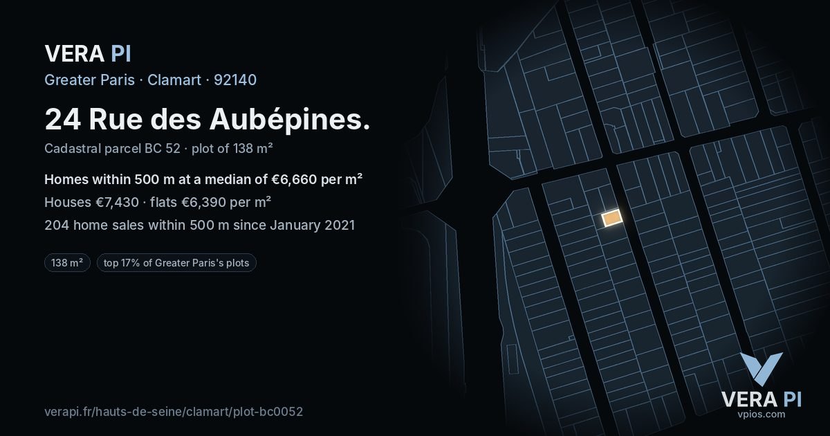 24 Rue des Aubépines, Clamart at night – the plot lit, the parcels around coloured by the prices near them