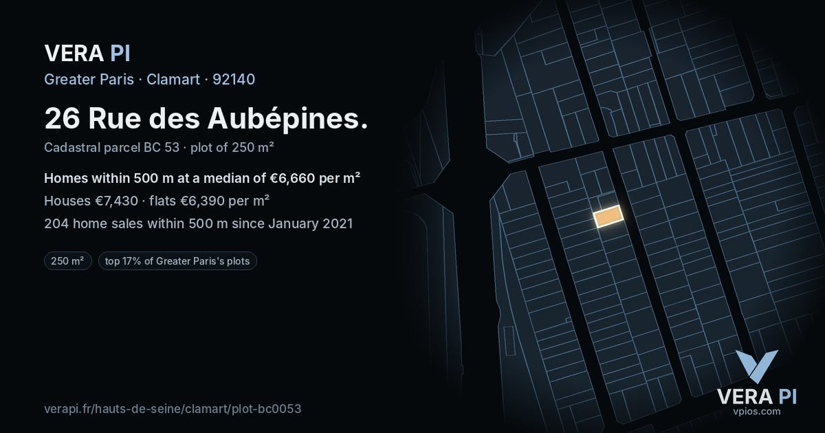 26 Rue des Aubépines, Clamart at night – the plot lit, the parcels around coloured by the prices near them