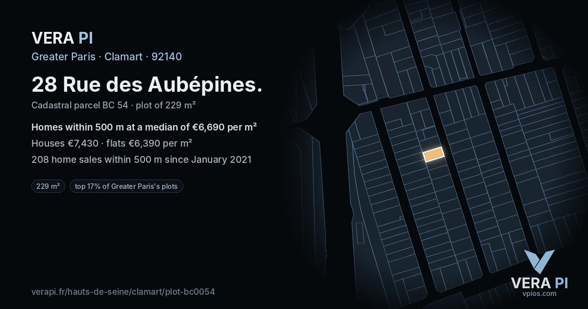 28 Rue des Aubépines, Clamart at night – the plot lit, the parcels around coloured by the prices near them