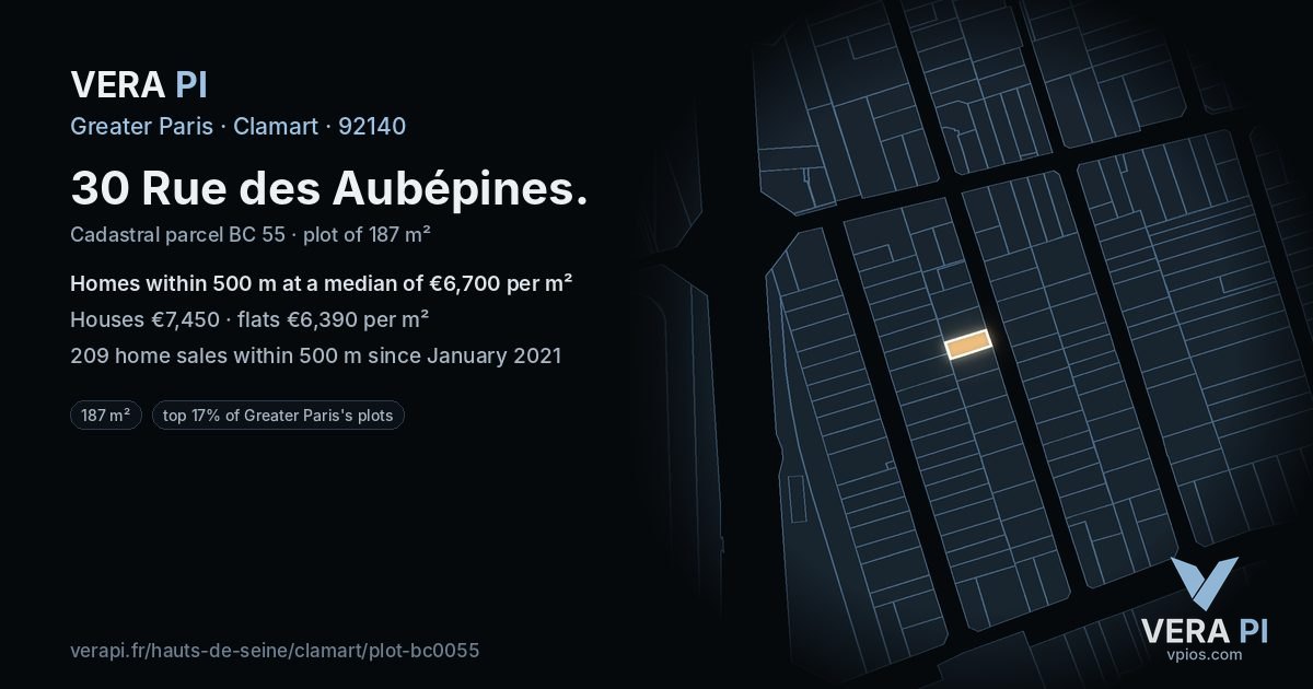 30 Rue des Aubépines, Clamart at night – the plot lit, the parcels around coloured by the prices near them