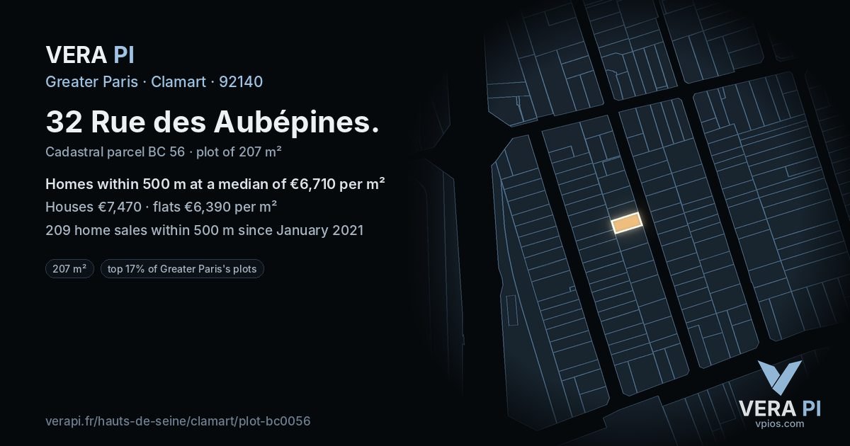 32 Rue des Aubépines, Clamart at night – the plot lit, the parcels around coloured by the prices near them
