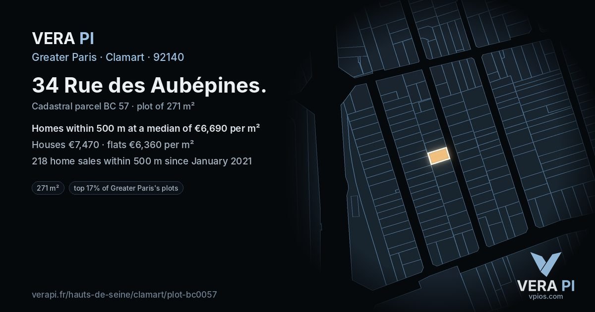 34 Rue des Aubépines, Clamart at night – the plot lit, the parcels around coloured by the prices near them