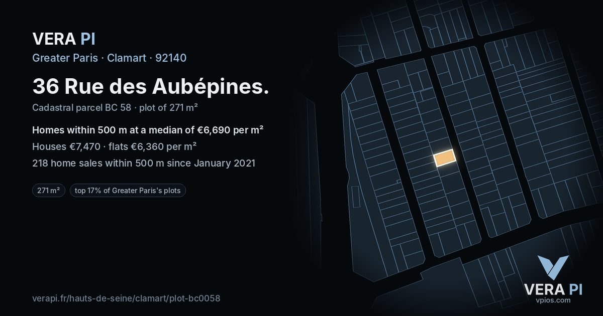 36 Rue des Aubépines, Clamart at night – the plot lit, the parcels around coloured by the prices near them