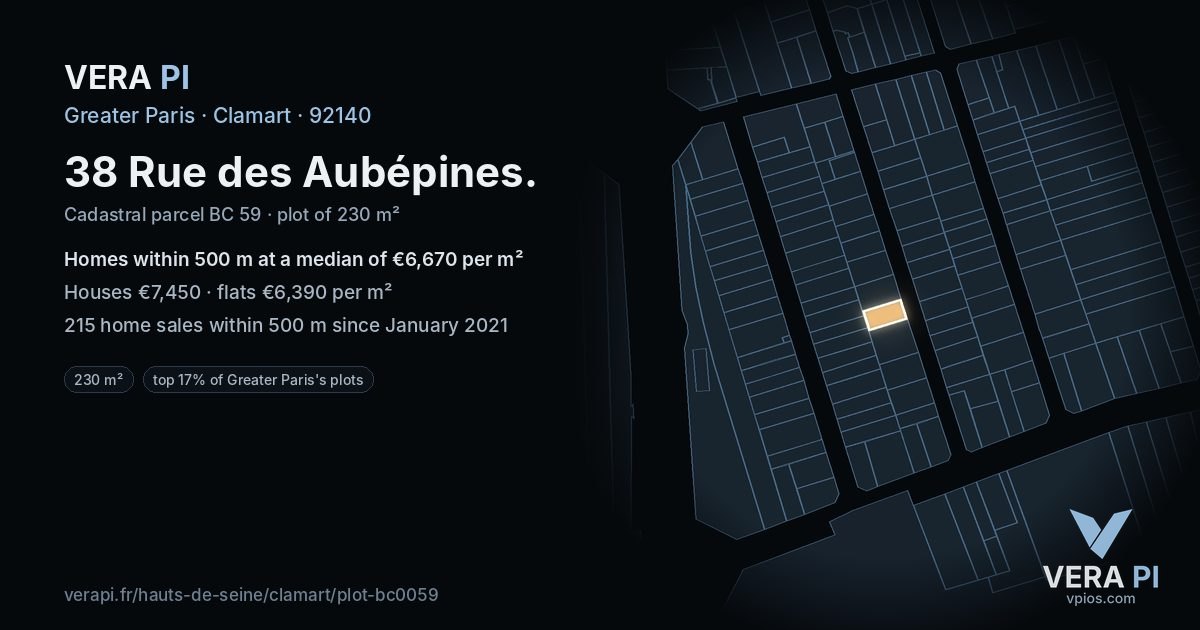 38 Rue des Aubépines, Clamart at night – the plot lit, the parcels around coloured by the prices near them