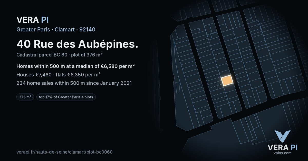 40 Rue des Aubépines, Clamart at night – the plot lit, the parcels around coloured by the prices near them